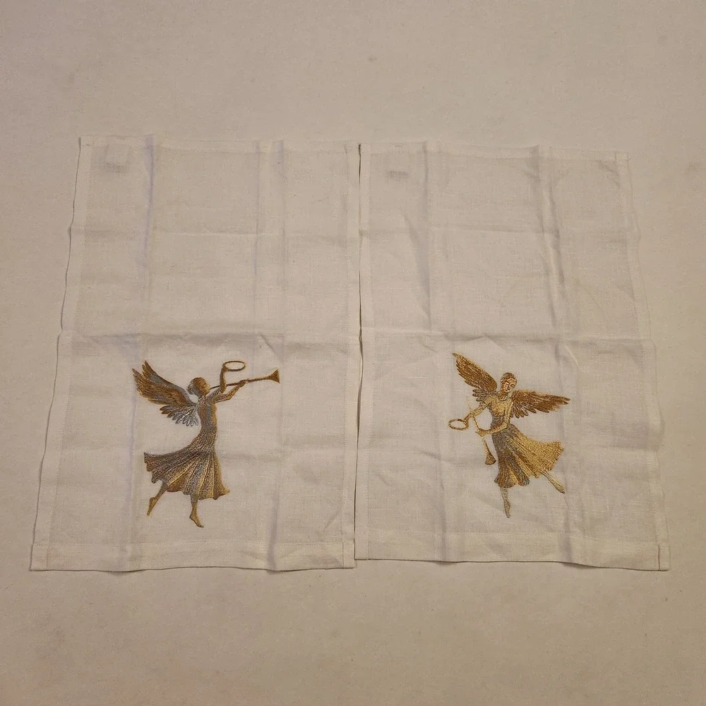 Anali Embroidered Linen Set of 2 Gold Silver Angels Trumpet White